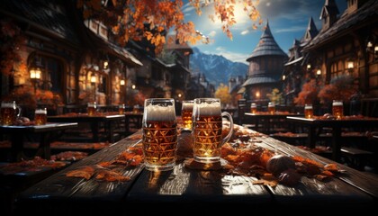 A traditional Oktoberfest scene with beer steins - obrazy, fototapety, plakaty
