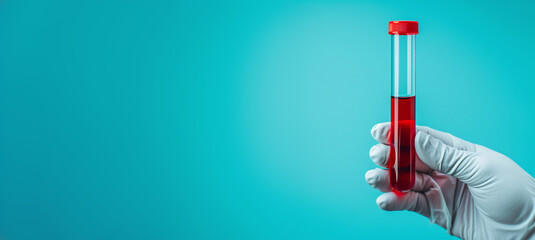A test tube with red liquid held by a hand in a rubber glove on a plain background