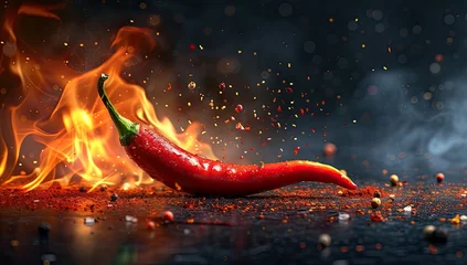 Poster A vivid red chili pepper captured up close, its edges embraced by licking flames, radiating heat and spice © Murda