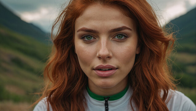 A Beautiful Woman On A Mountain Bike With Red Hair, Dark Brown Eyebrows. Generative AI