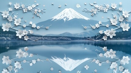 Iconic Mount Fuji reflected in calm waters, framed by delicate cherry blossoms in a serene...
