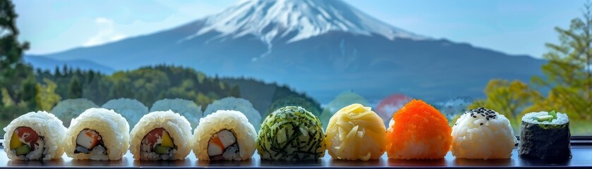 Fototapeta premium Japanese Onigiri convenience picnic Mount Fuji backdrop