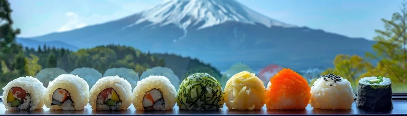 Keuken spatwand met foto Japanese Onigiri convenience picnic Mount Fuji backdrop © chayantorn