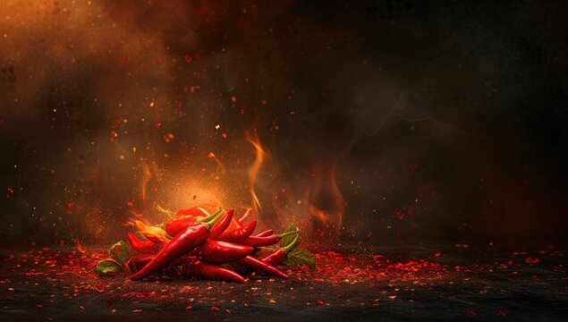 A vivid red chili pepper captured up close, its edges embraced by licking flames, radiating heat and spice
