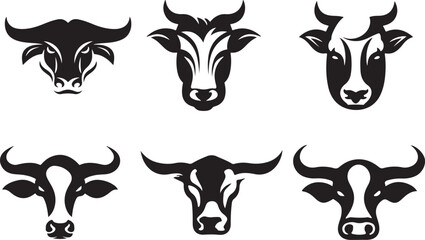 Bull and buffalo head cow animal mascot logo design vector. Black and white cow illustration. Set cow silhouette. Minimalist and Flat Logo, solid white background, illustration