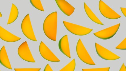 sliced mangoes falling on white background