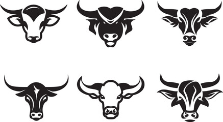 Bull and buffalo head cow animal mascot logo design vector. Black and white cow illustration. Set cow silhouette. Minimalist and Flat Logo, solid white background, illustration