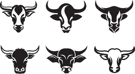 Bull and buffalo head cow animal mascot logo design vector. Black and white cow illustration. Set cow silhouette. Minimalist and Flat Logo, solid white background, illustration