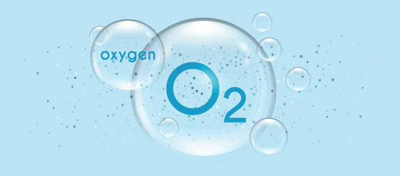 Oxygen molecule in a transparent 3d bubble. Clean water and air icon. O2 chemical element. Vector illustration on blue background