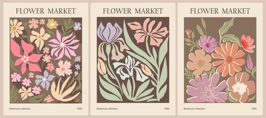 Set of abstract Flower Market posters. Trendy botanical wall arts with floral design in terracotta colors. Modern naive groovy funky interior decorations, paintings. Vector art illustration.