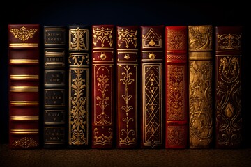 a row of books with gold and red designs