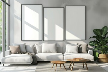 Three vertical frame mockup, ISO A2 frame mockup, mockup poster on the wall of living room. Interior mockup, modern living room with white sofa and beige pillows wall art mockup