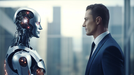 businessman interacting with a AI robot, business discussing business strategies with a futuristic humanoid robot, Artificial intelligence advancement concept, AI in business  - obrazy, fototapety, plakaty