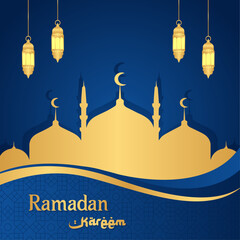 Islamic greetings Ramadan Kareem blue background design with mosque and lanterns. Ramadan square template poster vector