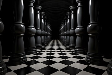 a black and white checkered floor with columns - obrazy, fototapety, plakaty