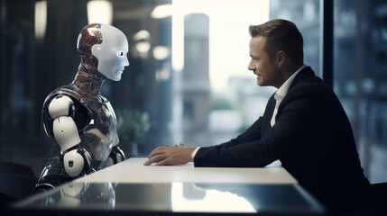 businessman interacting with a AI robot, business discussing business strategies with a futuristic humanoid robot, Artificial intelligence advancement concept, AI in business 