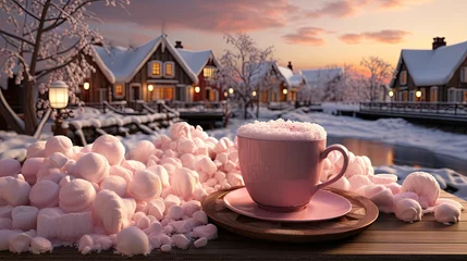 Foto op Plexiglas A cozy winter scene with hot chocolate and marshmallows © Mahenz