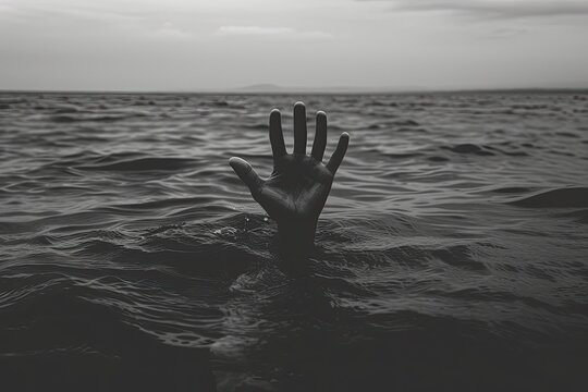 A hand emerged from the lake, reaching out for help in a drowning state