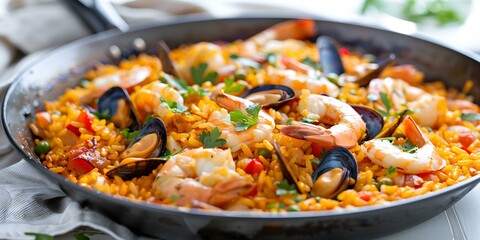 Deliciously vibrant paella filled with succulent seafood and smoky paprika aromas. Concept Spanish Cuisine, Seafood Delights, Paella Recipe, Flavorful Spices