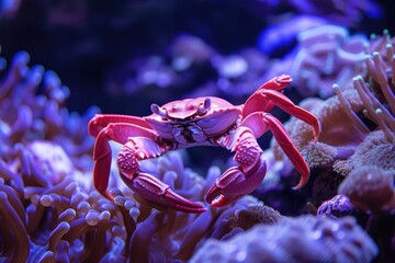A lively scene in coral reefs, featuring diverse coral species, crabs, and the stunning allure of underwater ecosystems - obrazy, fototapety, plakaty
