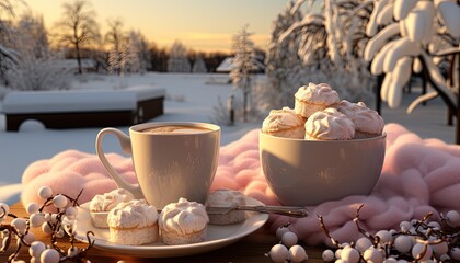 A cozy winter scene with hot chocolate and marshmallows