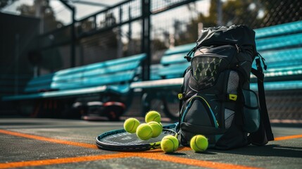 Preparation for tennis match shown through racquet and balls on court - obrazy, fototapety, plakaty