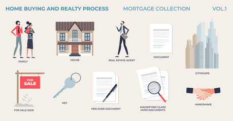 Home buying and realty process in tiny person house mortgage collection. Elements set with real estate investment legal documents for new family or residential building purchase vector illustration.