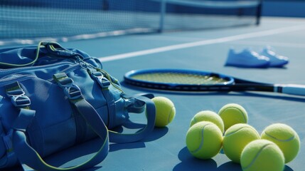 Close up of tennis gear on a hard court, racquet and balls, pre game preparation - obrazy, fototapety, plakaty