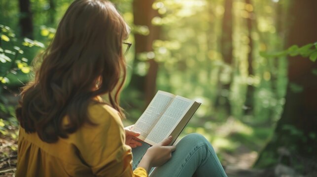 Serenity in woods with young person engrossed in literature, harmony with nature