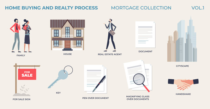 Home buying and realty process in tiny person house mortgage collection. Elements set with real estate investment legal documents for new family or residential building purchase vector illustration.