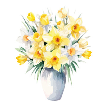 Watercolor spring flowers daffodil bouquet
