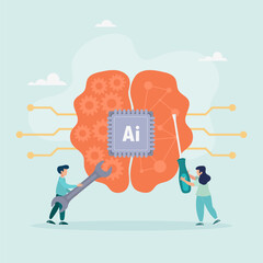 Artificial intelligence digital brain technology. An engineering concept with software data or systems that can be customized. Vector illustration
