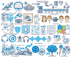 Obraz premium Generative adversarial networks or GAN elements in outline collection set. Labeled items with data graph, artificial intelligence technology, modern tech systems and AI learning vector illustration.