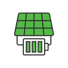 Solar Battery icon in line design green. Solar, battery, energy, power, renewable, photovoltaic, sustainable, electricity, storage, panel isolated on white background vector. Solar Battery editable st