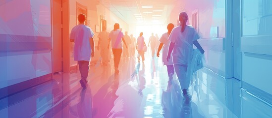 Medical professionals clad in surgical scrubs stride purposefully down a brightly lit hospital corridor. - obrazy, fototapety, plakaty