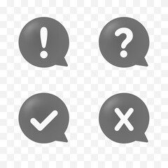 Exclamation mark icon. Question mark symbol. Check mark sign. Cross shape. Speech bubbles.