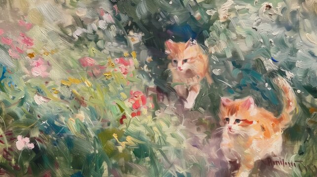 Playful animals in a garden oil painting