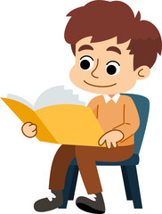 The cute boy is relaxing and enjoying reading books. Flat style cartoon illustration.