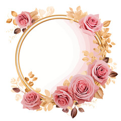 Circle gold frame with pink roses bouquet