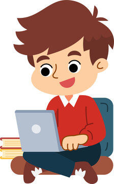 The cute boy is relaxing and enjoying using the computer laptop. Flat style cartoon illustration.