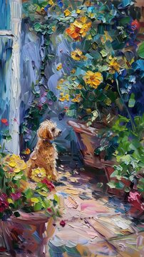 Playful animals in a garden oil painting