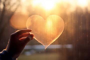 Melancholic background in warm tones featuring an image of a hand holding a transparent heart, conveying a sense of introspection and emotional depth, ideal for evoking feelings of vulnerability