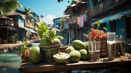 Fotobehang A vibrant scene of a street vendor selling fresh coconut water © Mahenz
