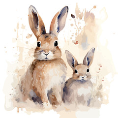Cute watercolor hares mom and her kid
