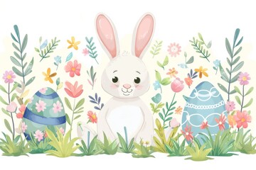 Happy Easter Eggs Basket Baptism Card. Bunny in flower easter royal blue decoration Garden. Cute hare 3d hilarity easter rabbit spring illustration. Holy week literary zone card wallpaper easter eggs