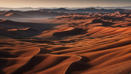 Fototapeta na wymiar mountains and sand dunes in the desert with a hazy sky, 