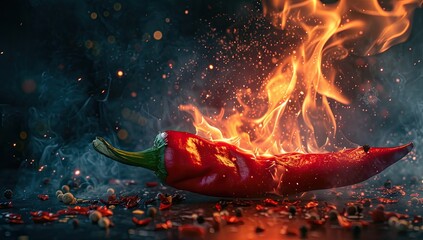A close-up capture of a fiery red chili pepper with flames dancing along its edges.
