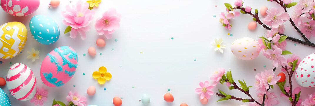 Easter banner with pink, blue and yellow colored eggs. White background and flower