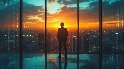Fototapeta na wymiar Back view silhouette photo of corporate supervisor director of international company management standing in private office room at high office building with outside skyscraper building background. 