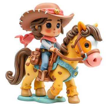A 3D animated cartoon render of a happy cowgirl with a pink bandana, riding a colorful toy horse. Created with generative AI.